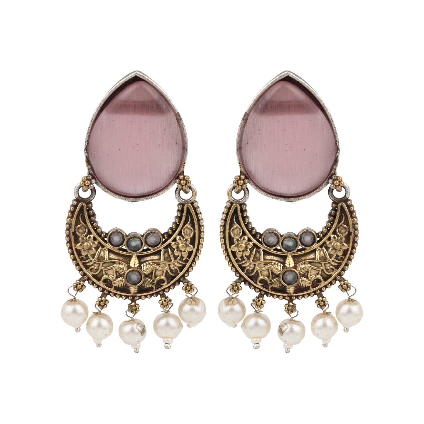 Brass choker necklace set with pink and silver pendant, luxurious display