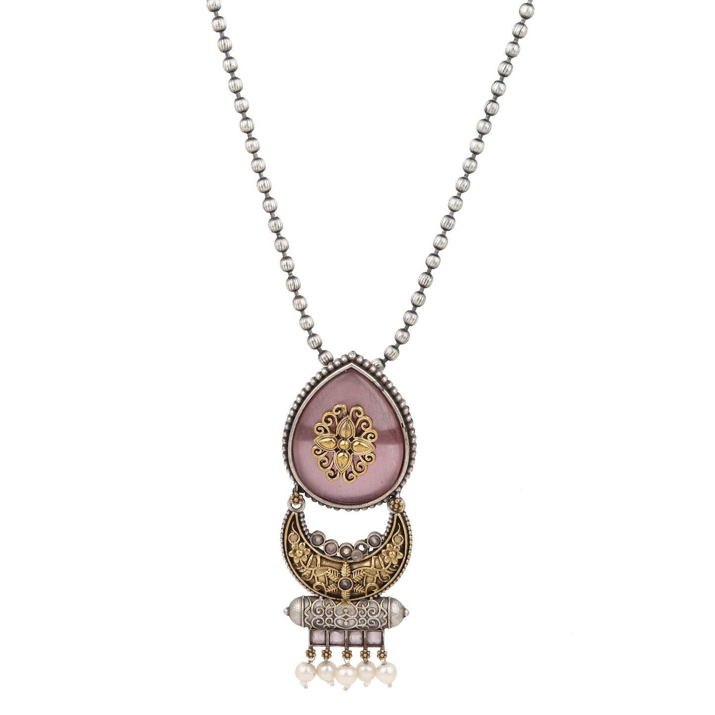 Brass choker necklace set with pink and silver pendant, luxurious display