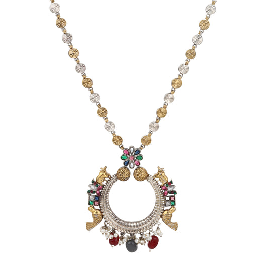 Gold and beige pendant necklace set, Mukta by Naitri, paired with matching earrings.