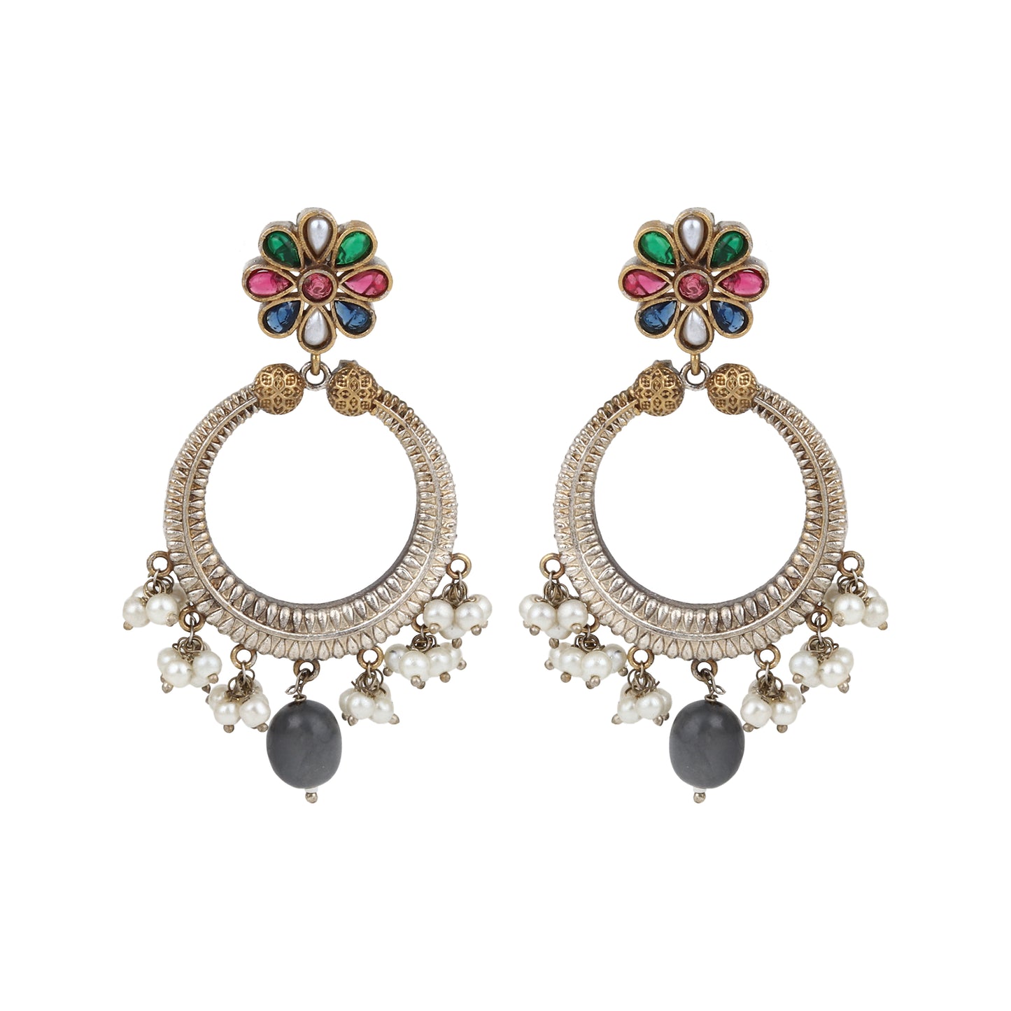 Gold and beige pendant necklace set, Mukta by Naitri, paired with matching earrings.