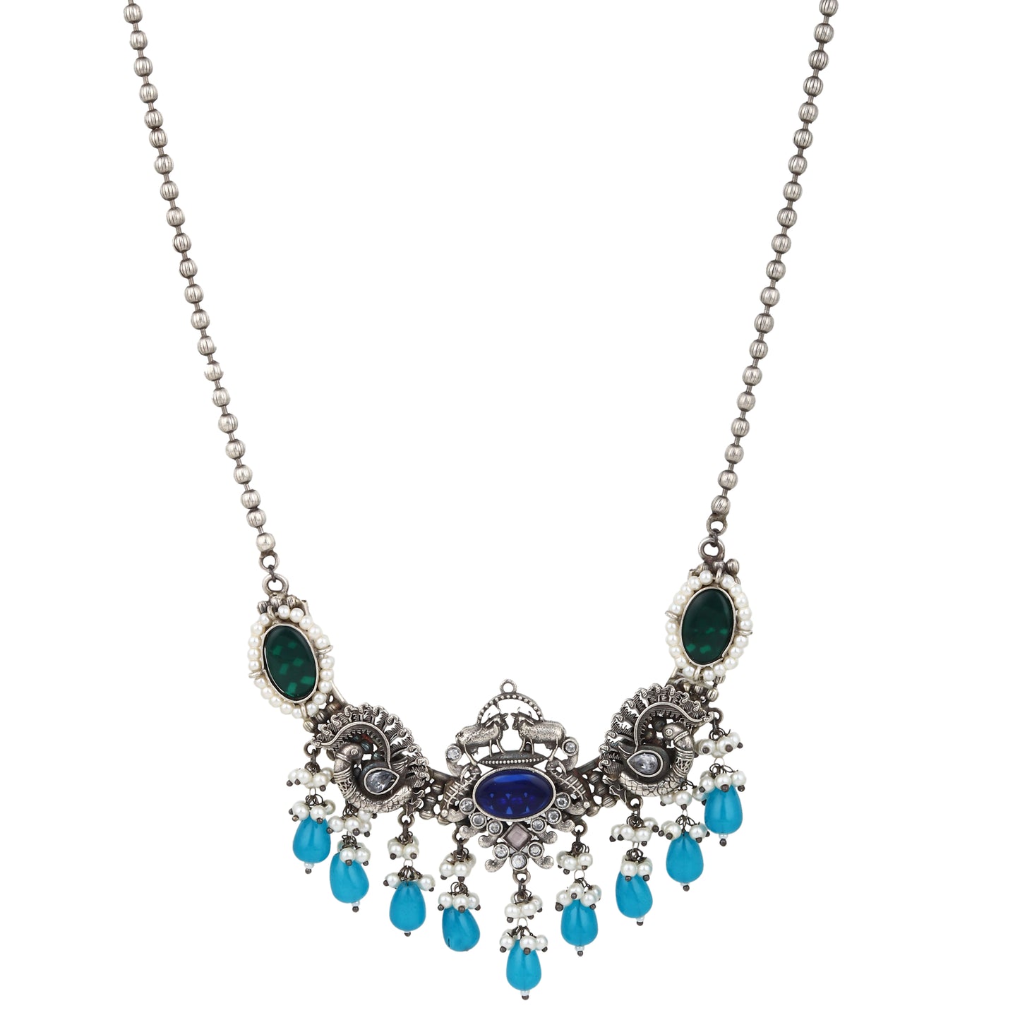 Silver and blue dangle necklace set, Amrita by Naitri, pendant style.