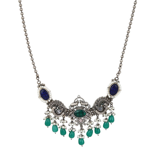 Green and silver pendant necklace set, Shyla by Naitri on white bust.