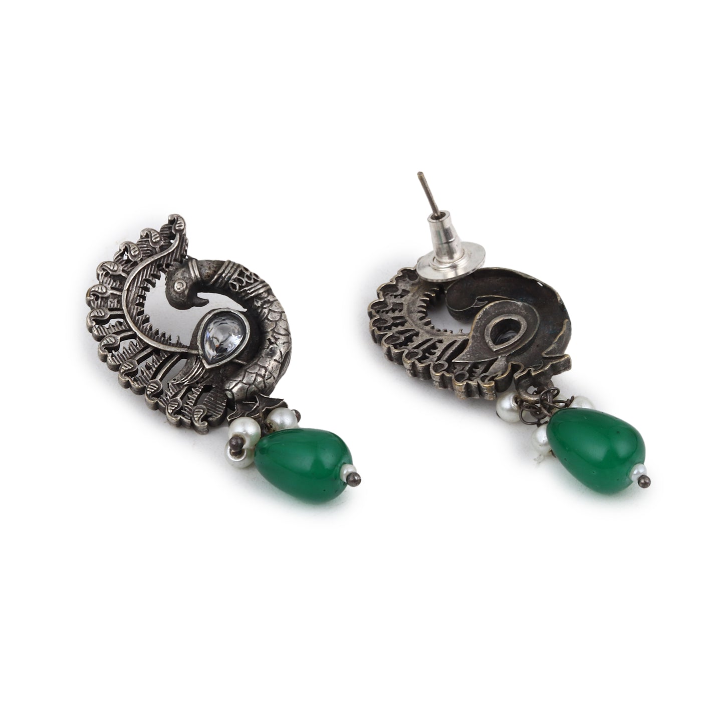 Green and silver pendant necklace set, Shyla by Naitri on white bust.