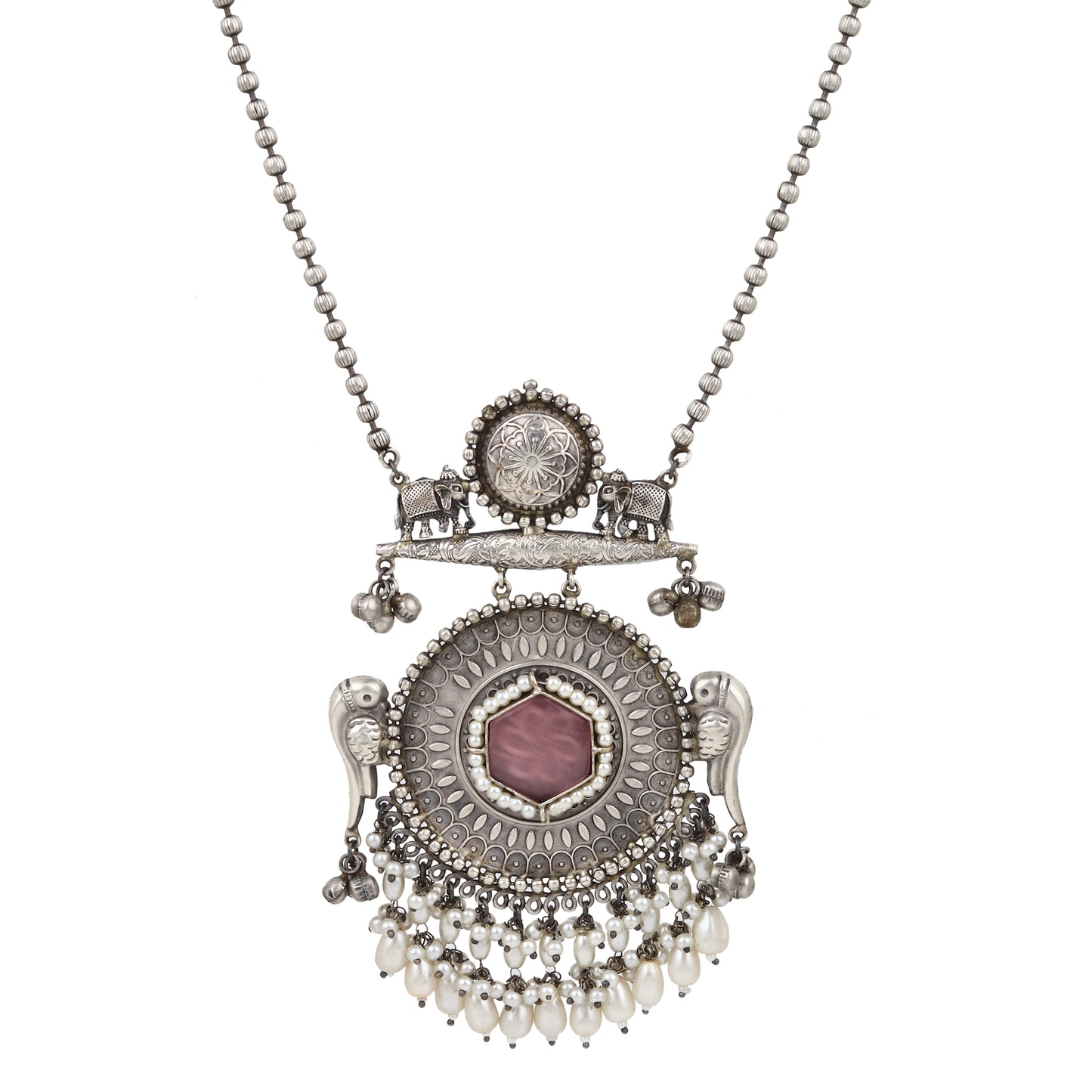 Silver, white, and pink pendant necklace set, Chandana by Naitri, displayed flat.