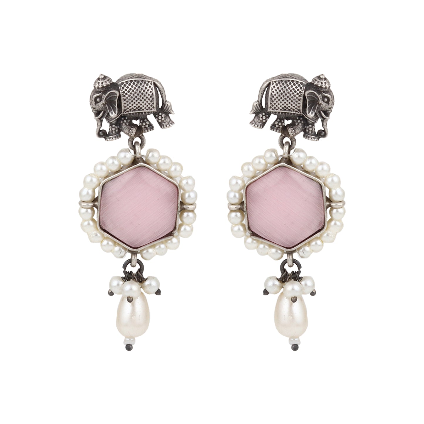 Silver, white, and pink pendant necklace set, Chandana by Naitri, displayed flat.