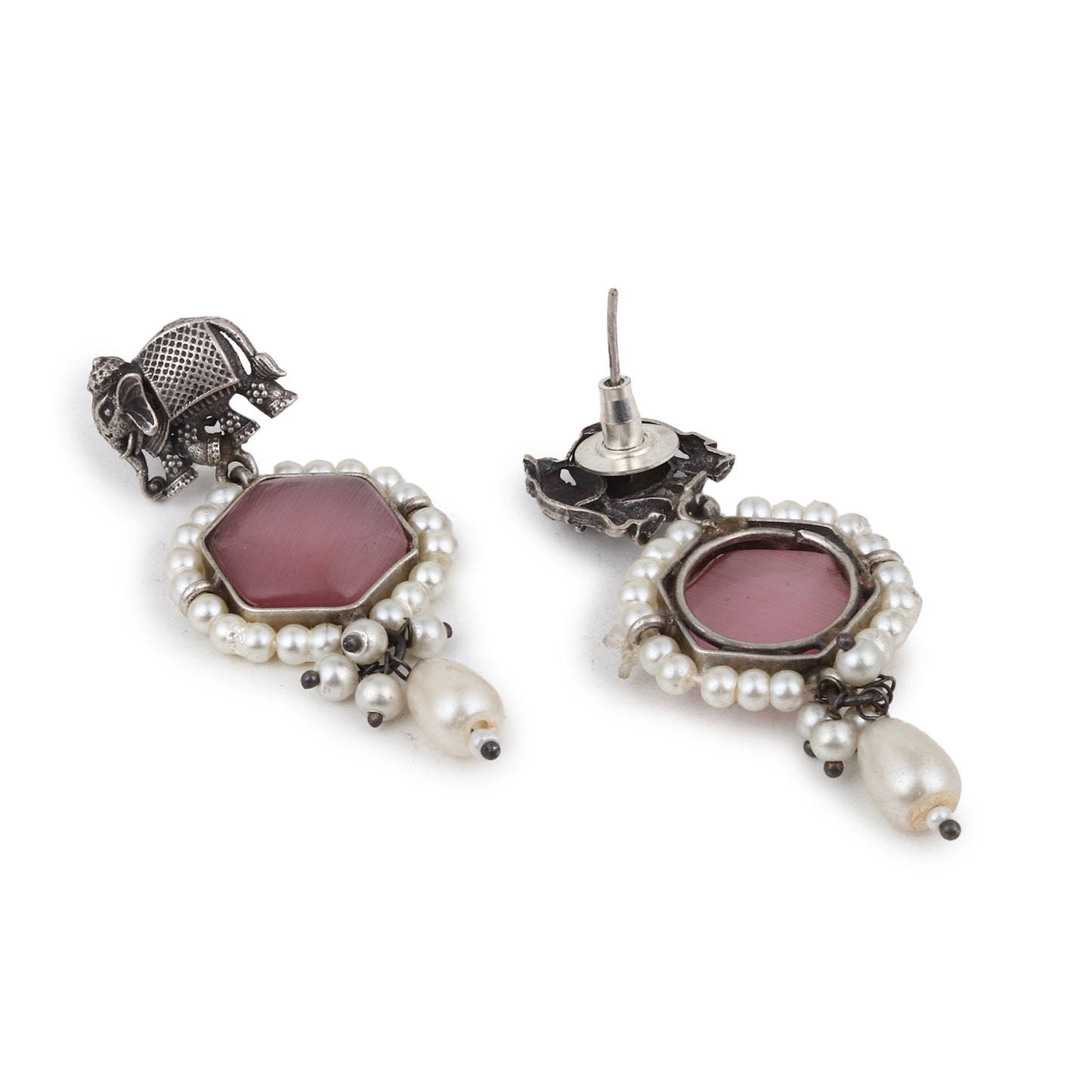 Silver, white, and pink pendant necklace set, Chandana by Naitri, displayed flat.