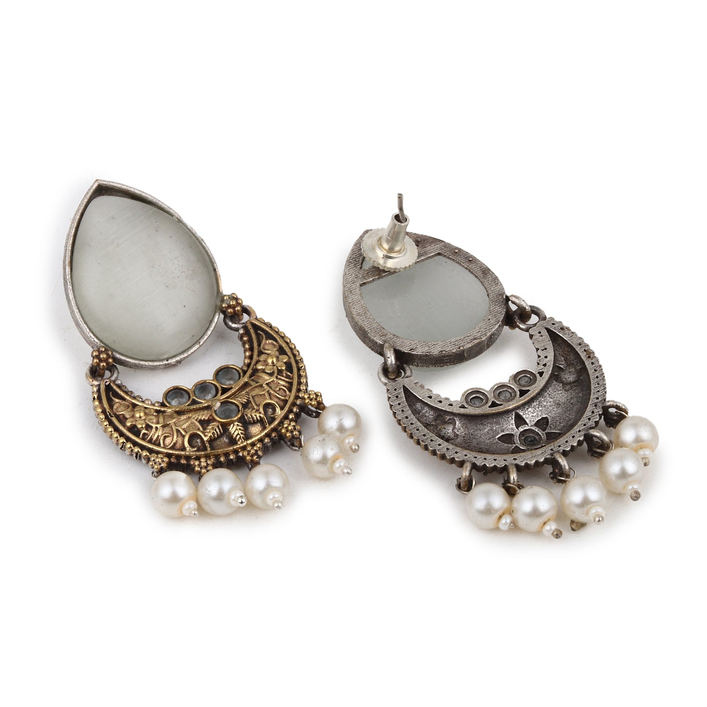 Gold and silver white dangle necklace set, Ziya by Naitri, beaded pendant.