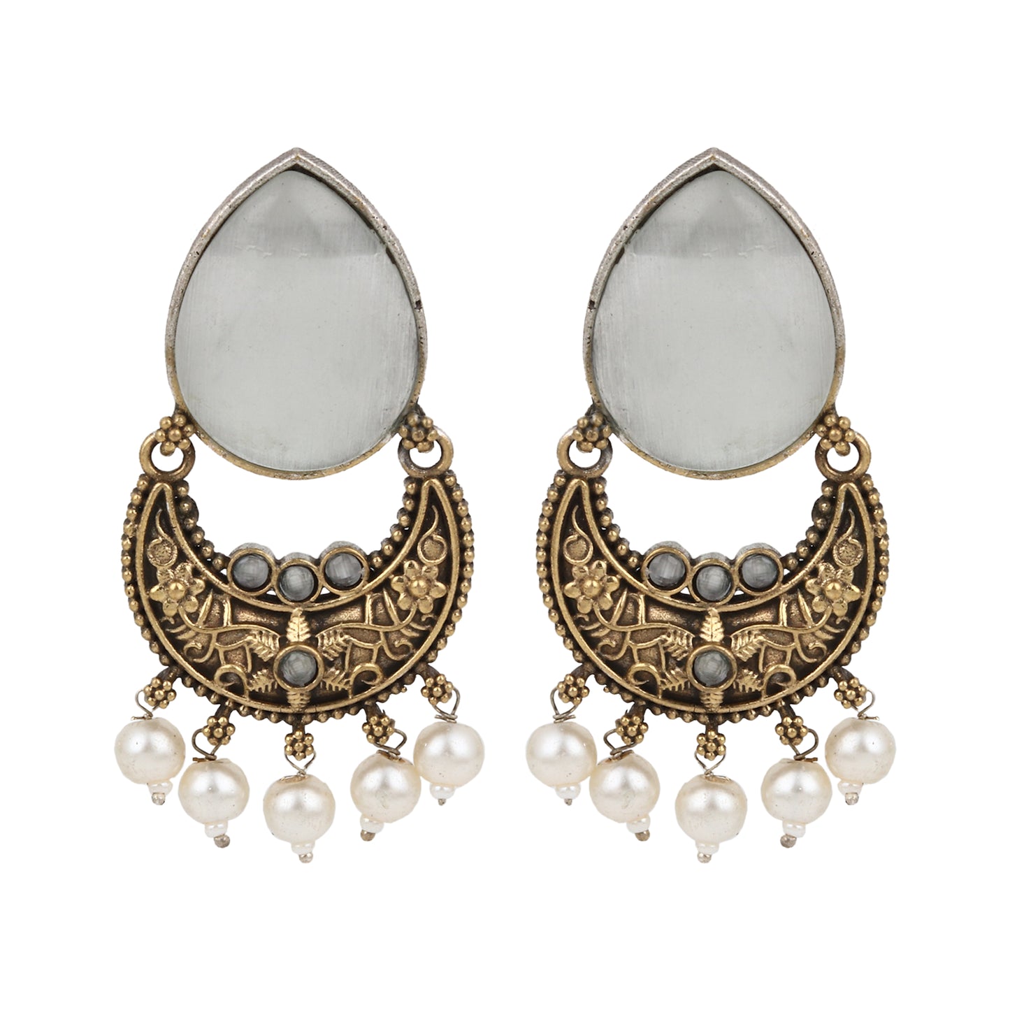 Gold and silver white dangle necklace set, Ziya by Naitri, beaded pendant.