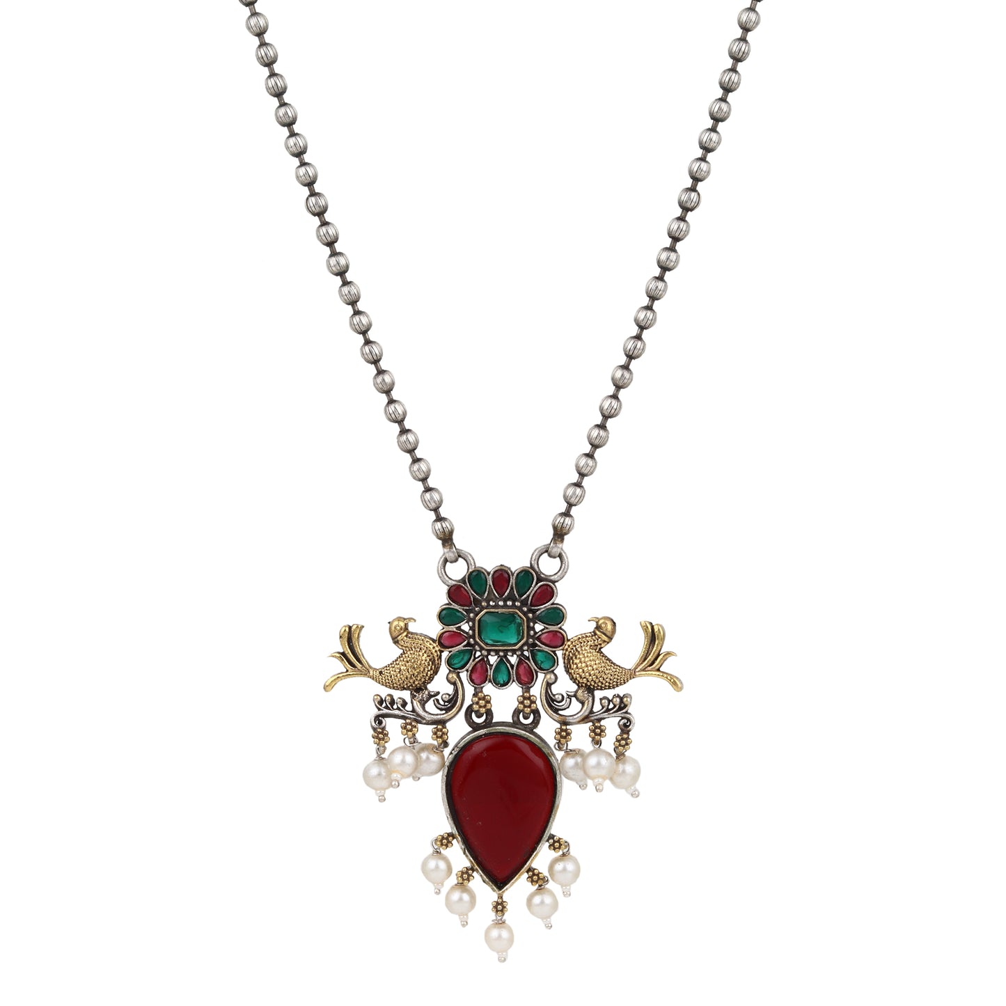 Silver, red and gold pendant necklace set, Preksha by Naitri, elegant traditional design.