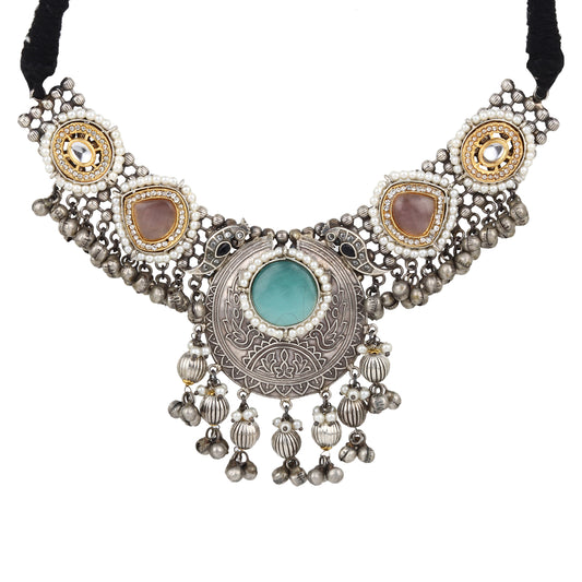 Multicolor beaded necklace set, Rangkriti by Naitri, on white display.