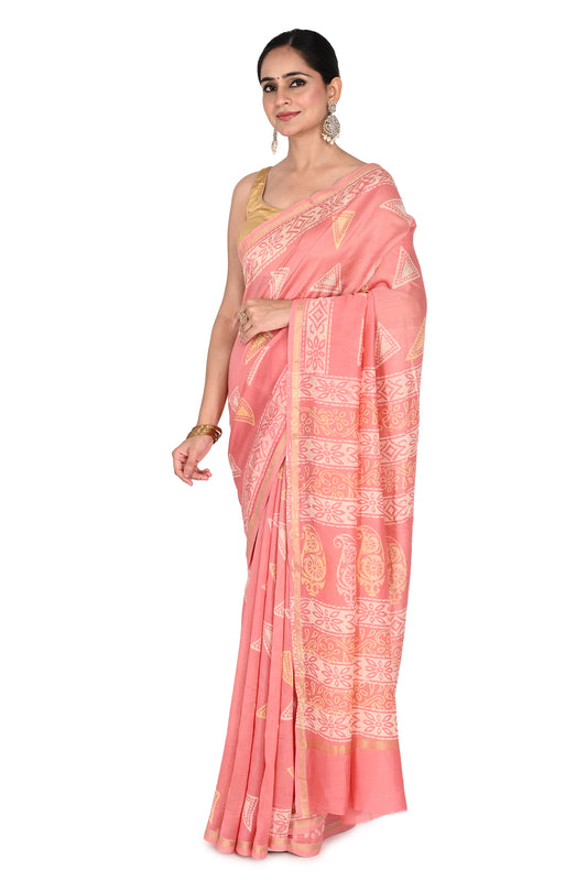 Traditional Bagh print saree for women featuring gold zari borders and a matching blouse piece by naitri.in