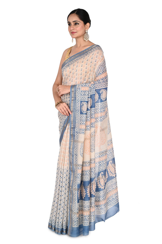 Traditional Bagh hand block print in blue and beige on a handcrafted Maheshwari cotton silk saree from Madhya Pradesh by naitri.in