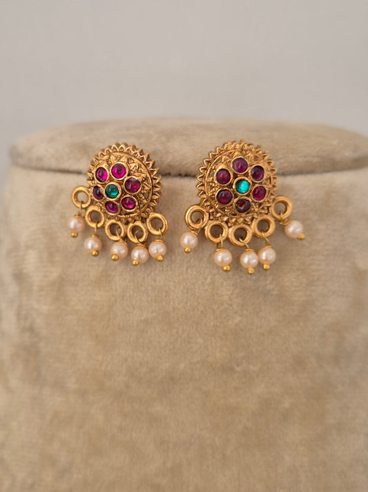 Artisanal Mansi earring with a stone-set, hanging pearls, by naitri.in