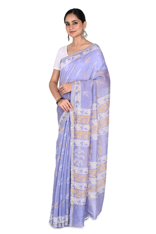 A soft purple hand-block printed saree handcrafted in Bagh, Madhya Pradesh, blending traditional artisanal craft with a lightweight cotton-silk blend by naitri.in