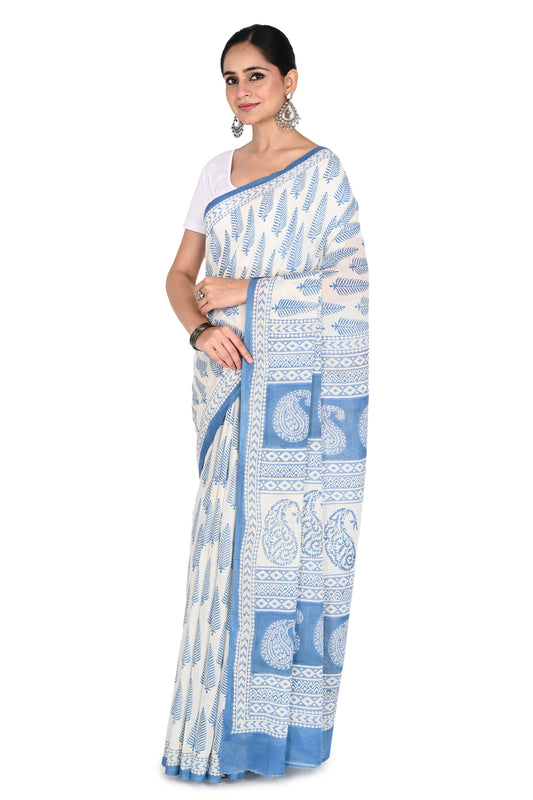 Artisanal Bagh hand block printing in blue on a soft, breathable white cotton saree, handcrafted by artisans in Madhya Pradesh by naitri.in