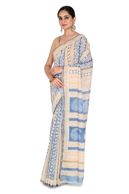 this saree carries forward the legacy of traditional block printing through finely detailed patterns created by skilled artisan by naitir.in