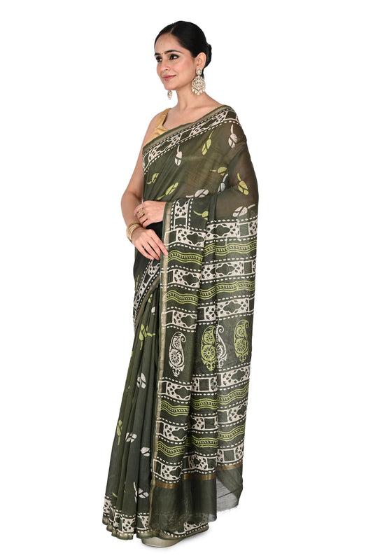 olive green hand block printed cotton-silk saree Traditional Bagh print saree with gold border and paisley motifs, including a matching blouse piece by naitri.in