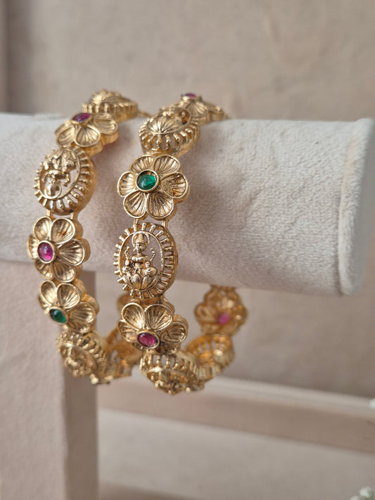 Maitri Bangles set of 2, traditional Indian gold-plated bangles with red and green stones, ethnic festive and bridal jewelry collection by Naitri.in