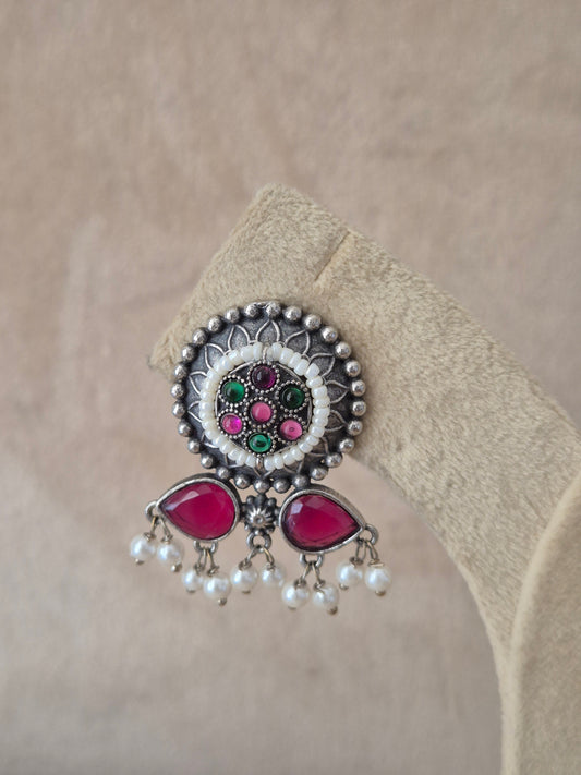 Naitri premium Mamta silver oxidized dangle earrings with pink gemstones from the Silver Jewellery collection by naitri.in