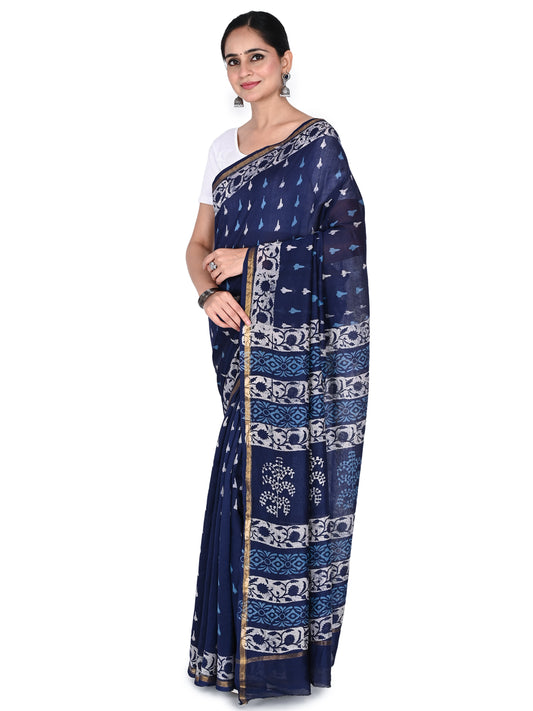 A navy blue hand-block printed saree handcrafted in Bagh, Madhya Pradesh, combining heritage textile art with a contemporary silk-blend finish by naitri.in