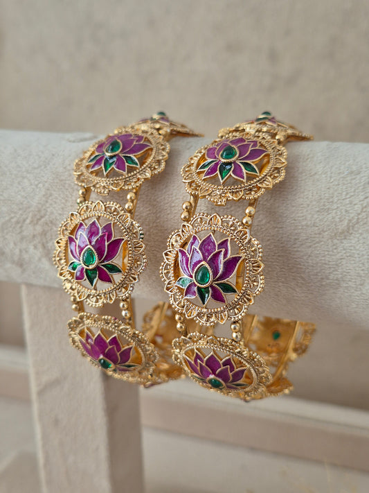 traditional gold-plated ethnic bangles with pink lotus Meenakari design and green stone work by Naitri.in