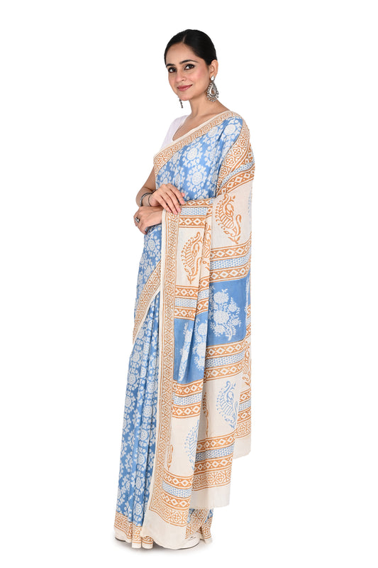 White cotton saree fabric with a mix of soft blue floral patterns and earthy orange paisley borders by naitri.in