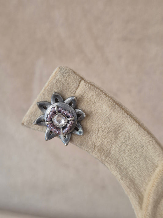 Modern Indian aesthetic silver alloy floral studs with detailed engraving and textured metallic accents by naitri.in