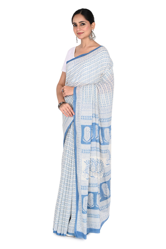 Naitri Pari Saree: Handcrafted cotton saree in white and blue, perfect for casual or everyday wear, featuring unique geometric hand-blocked designs.