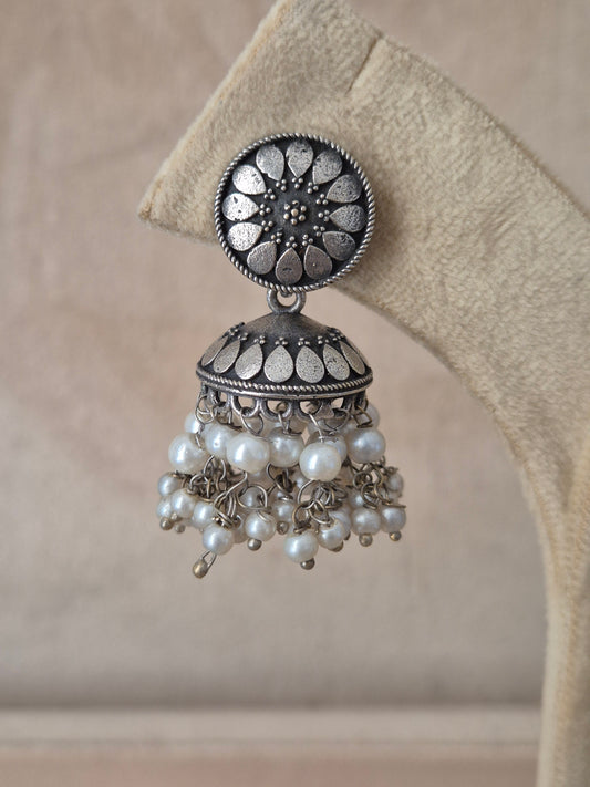 Modern Indian aesthetic silver-plated statement earrings featuring intricate mandala studs and classic jhumka styling by naitri.in