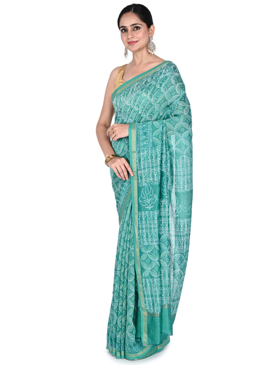 teal green hand block printed cotton-silk saree Traditional Bagh print saree for women with geometric patterns and gold border by Naitri.in