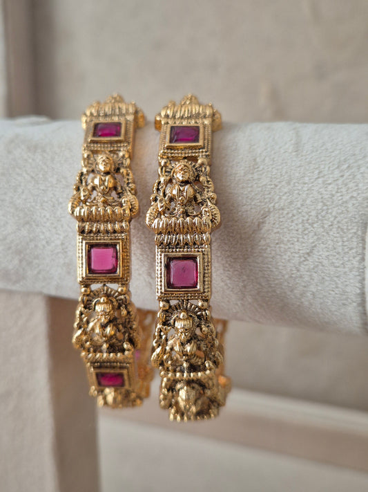 Urmila Bangles set of 2, traditional Indian temple jewelry gold-plated bangles with red stones, ethnic bridal and festive collection by Naitri.in