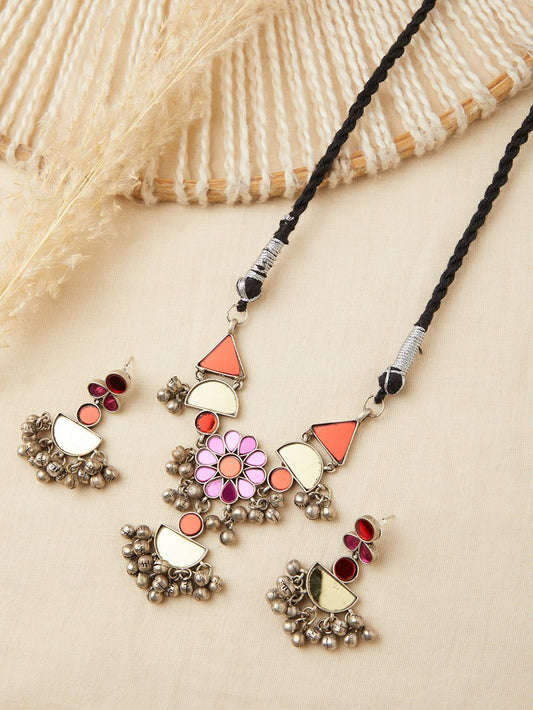 Red, black, pink and gold glass necklace set, Neha by Naitri, displayed on bust.