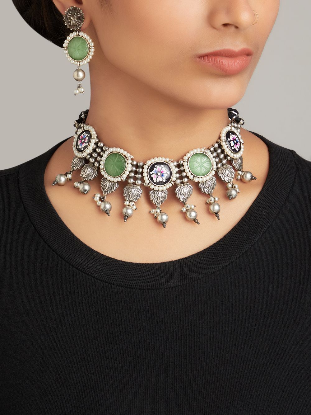 Mrinali Oxidised Brass Necklace Set by Naitri - Necklace