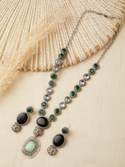 Yellow, green, black, silver oxidized necklace set, detailed craftsmanship