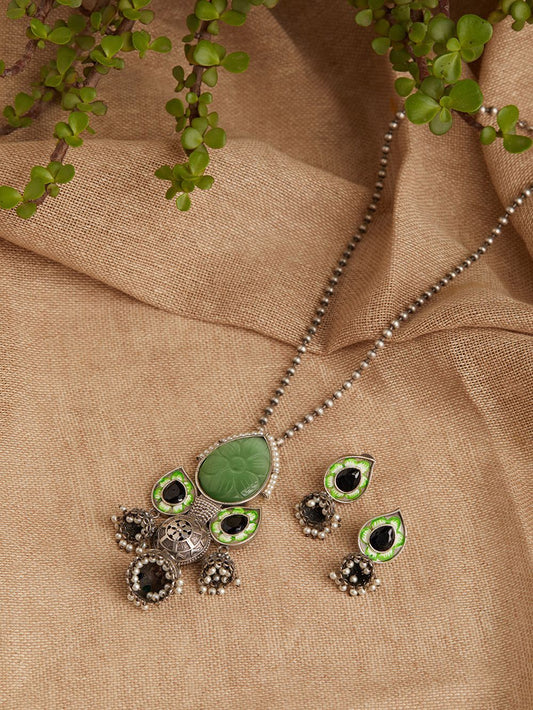 Green and red statement necklace set, Oni by Naitri, drop style seen on bust.