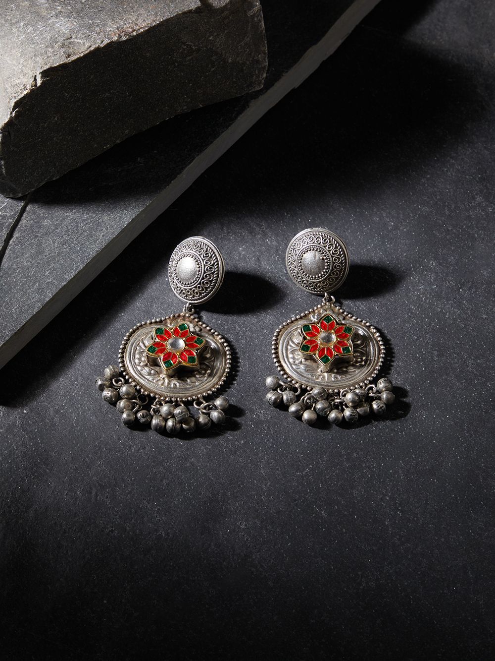 Yellow, red, green, silver dangle and drop festival earrings