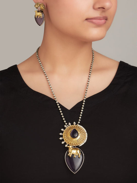 Dual-tone purple and gold necklace set, Ishani by Naitri, statement centerpiece.