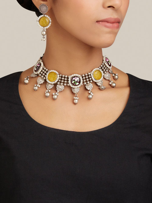Yellow and multicolor choker necklace set, Rushvi by Naitri.