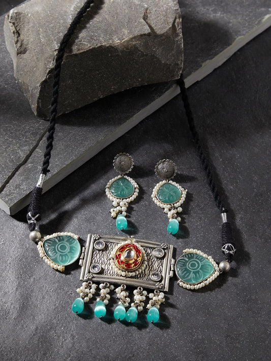 Green choker statement necklace set, Karishma by Naitri on white.