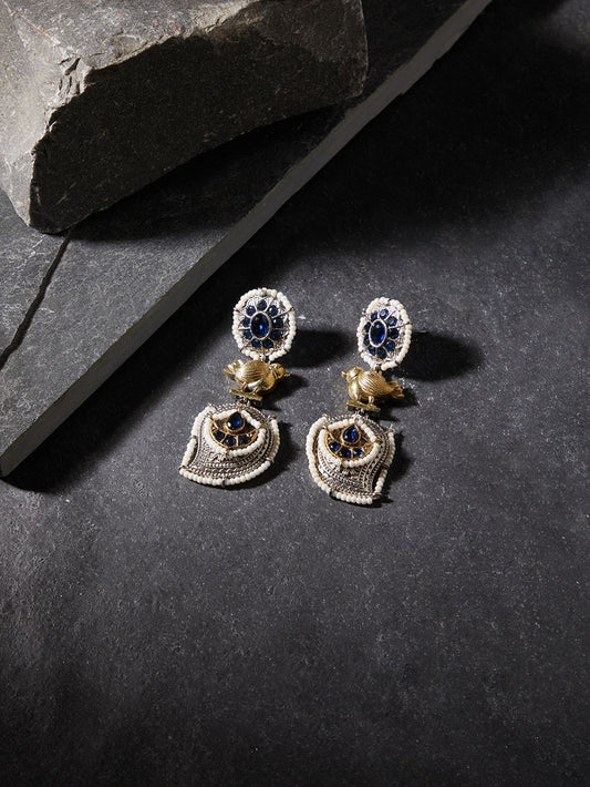 Yellow, blue, white, silver dangle and drop brass earrings, designer presentation