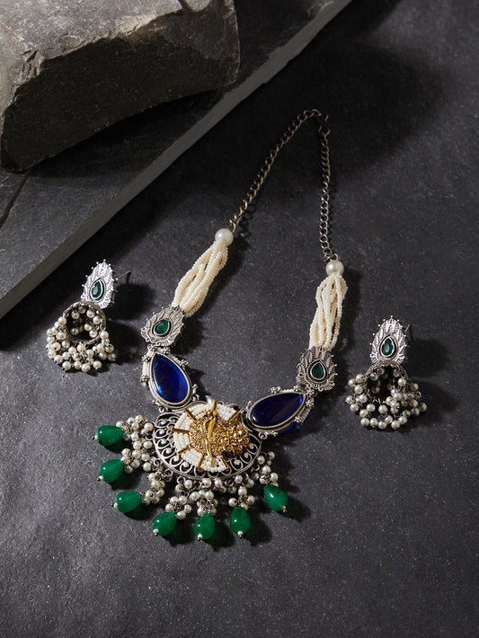 Silver and green dangle necklace set, Morisa by Naitri, contemporary design.