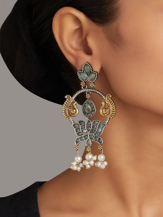 Gold, red and blue dangle earrings, Shriya by Naitri, handcrafted ethnic look.