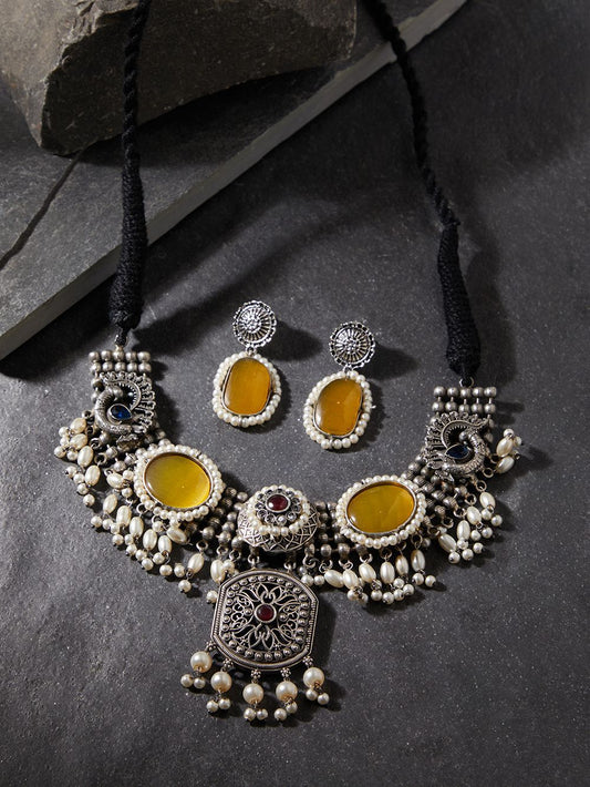 Yellow, multicolor and silver statement choker, Deveena by Naitri.
