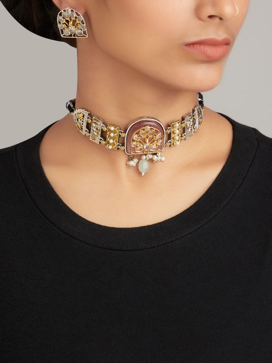 Black, gold and pink choker necklace, Eka by Naitri, handcrafted style.