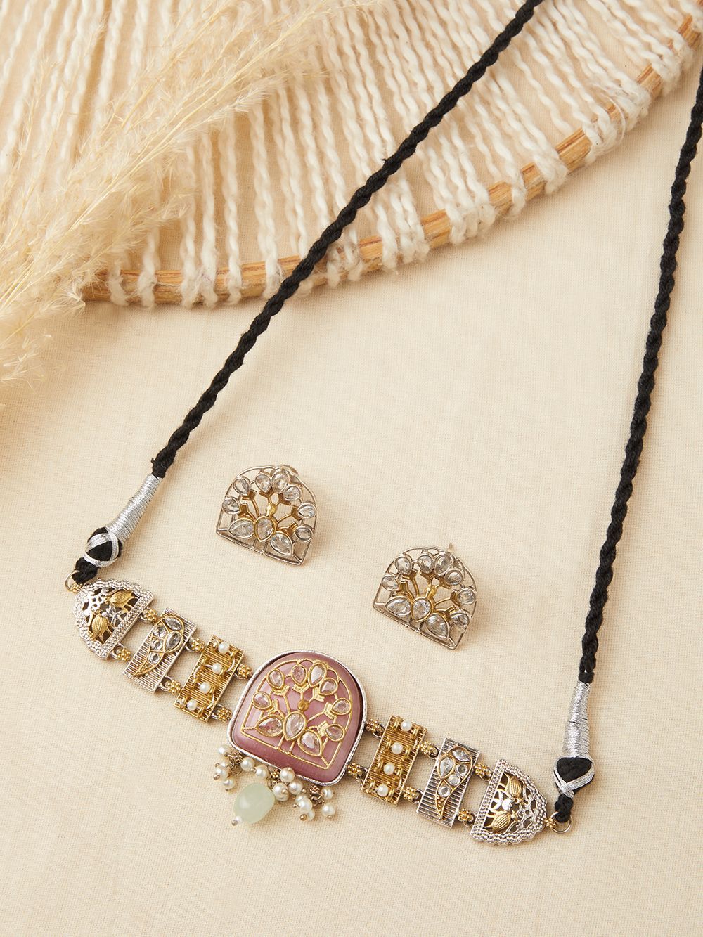 Black, gold and pink choker necklace, Eka by Naitri, handcrafted style.