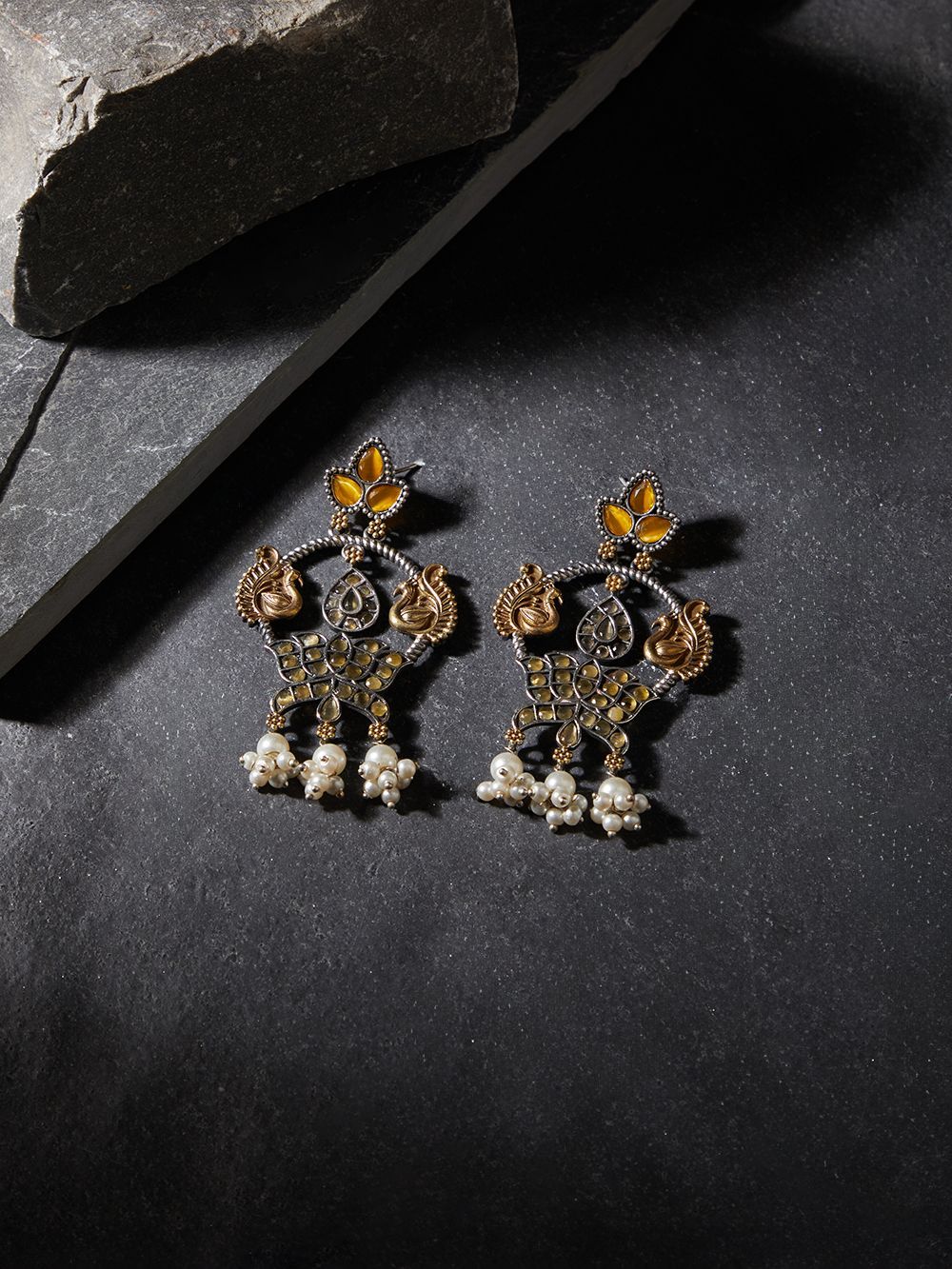 Yellow, gold and black stud earrings, Shrija by Naitri, oxidised statement pair.