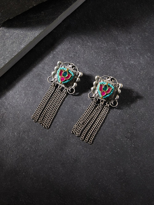 Silver and red stud earrings, Mairu by Naitri, dual tone finish for festive wear.