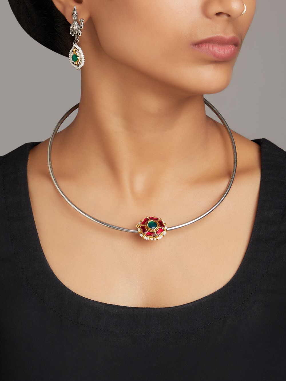 Classic yellow brass hasli choker and earrings set, ethnic focus