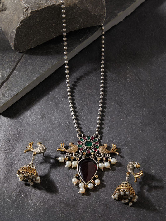 Silver, red and gold pendant necklace set, Preksha by Naitri, elegant traditional design.