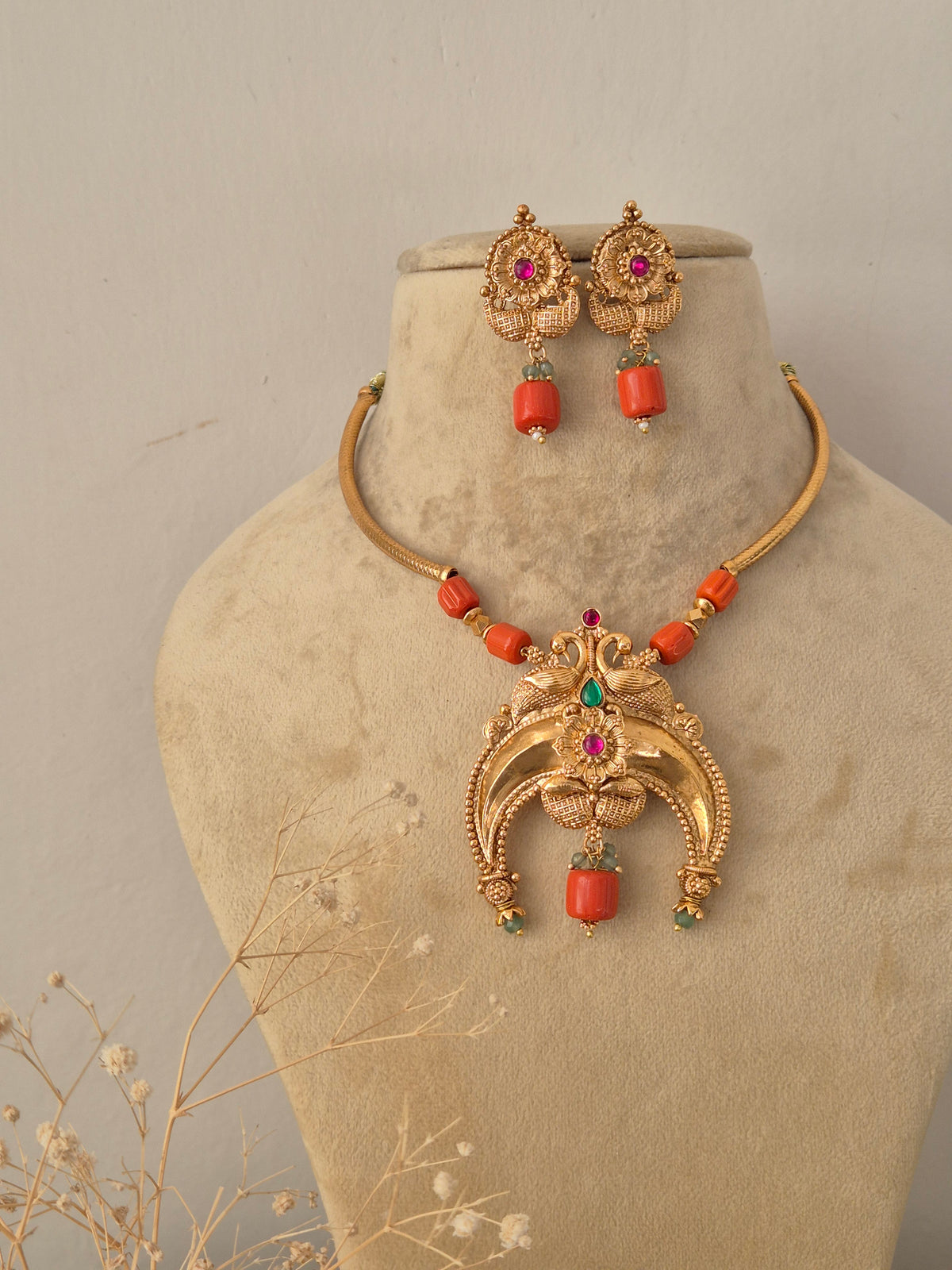 Kishori Necklace Set - Antique gold-toned ethnic pendant necklace with matching earrings from Naitri's golden jewelry collection by Naitri